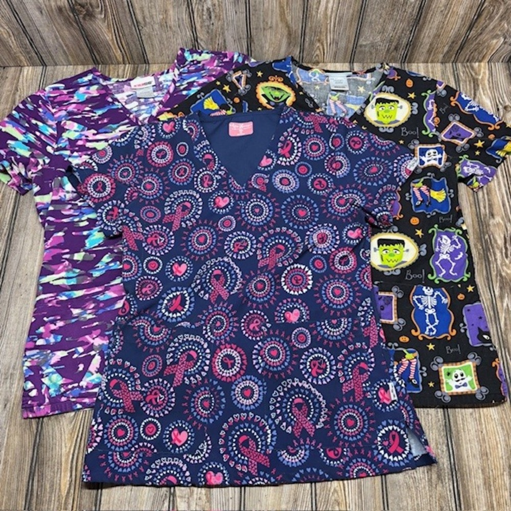 Lot of 3 Women's XS Scrub Tops Bundle, Halloween, Breast Cancer, Ava Therese